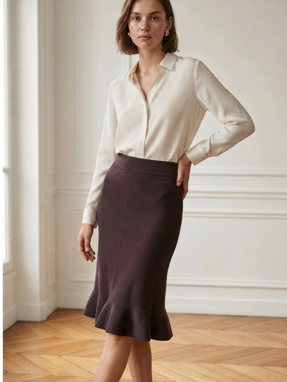 Saks Fifth Avenue Burgundy Pencil Skirt with Mermaid Ruffle Hem